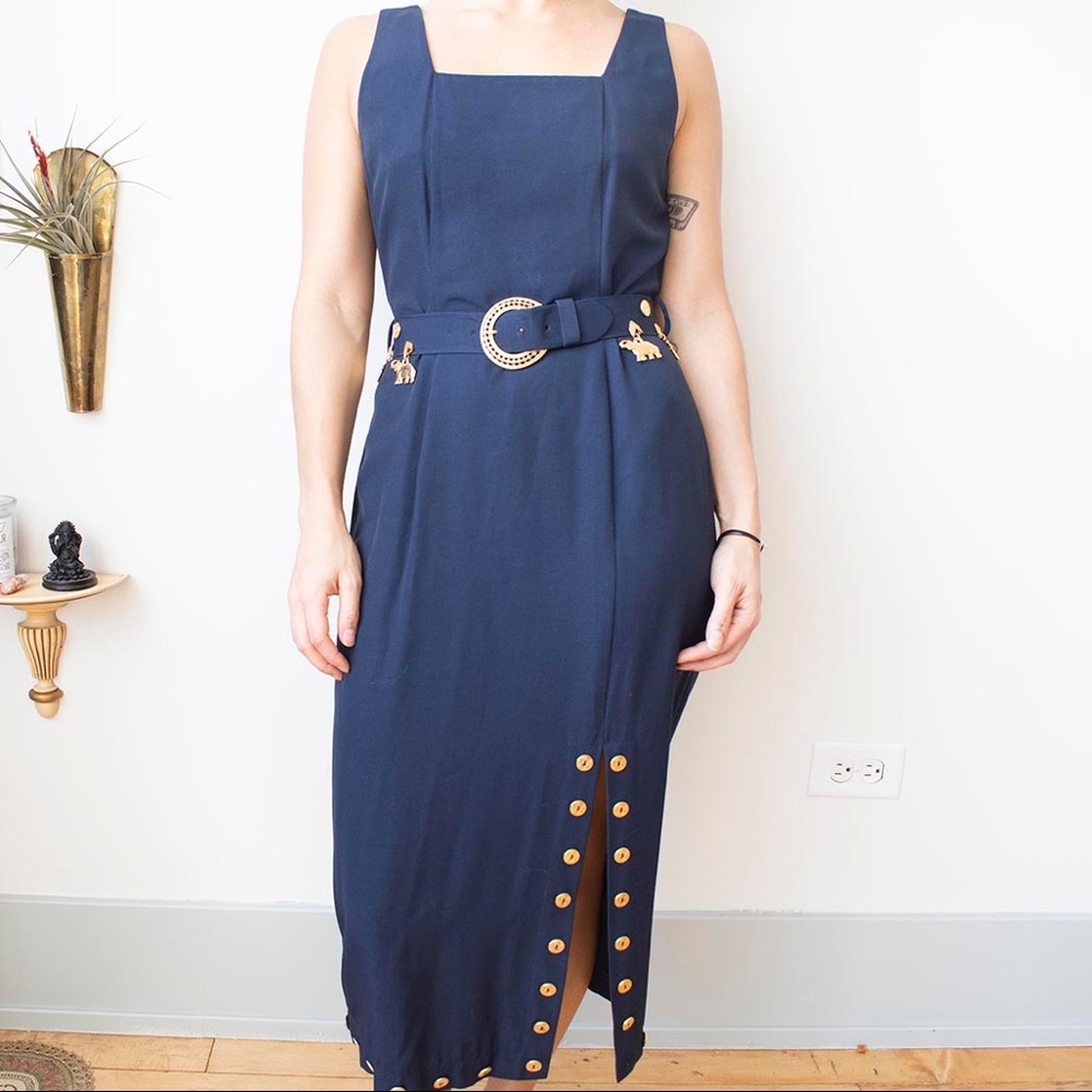 Navy Sheath Dress w Gold Buttons, Buckles & Charms